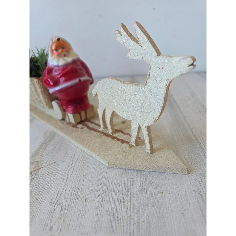 Vintage pressed cardboard mica Santa sleigh reindeer display planter container